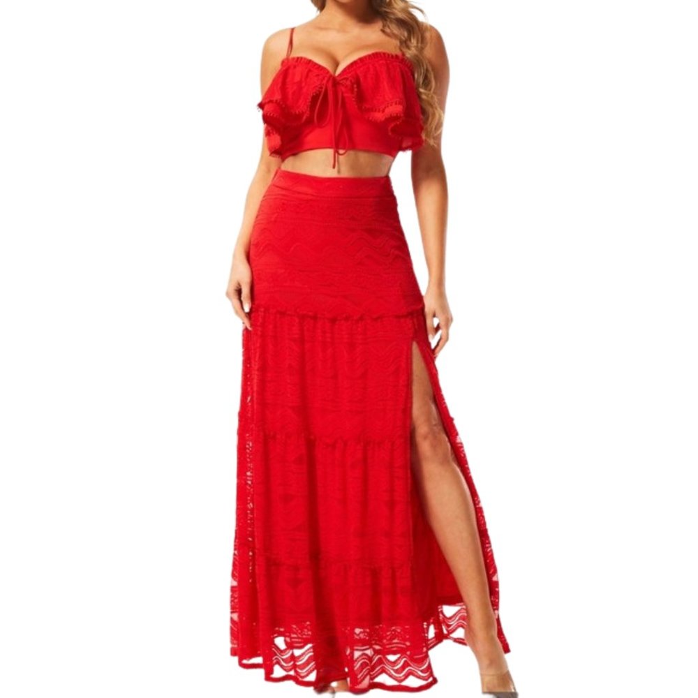 Chicways Red Two-Piece Lace Maxi Skirt & Ruffle Crop Tank